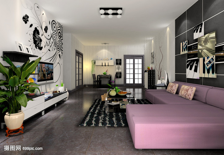 現代黑白灰風格客廳效果圖